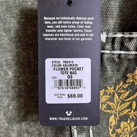 True Religion Olive Green Tote Bag with Gold Embroidery NWT - Picture 6 of 7